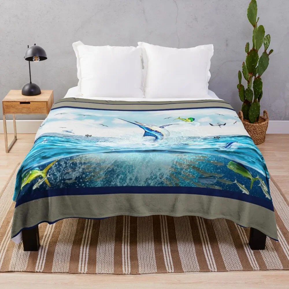Плед для дома с рисунком синего марлина и махи-махи, нелиняющий, мягкий, пушистый
