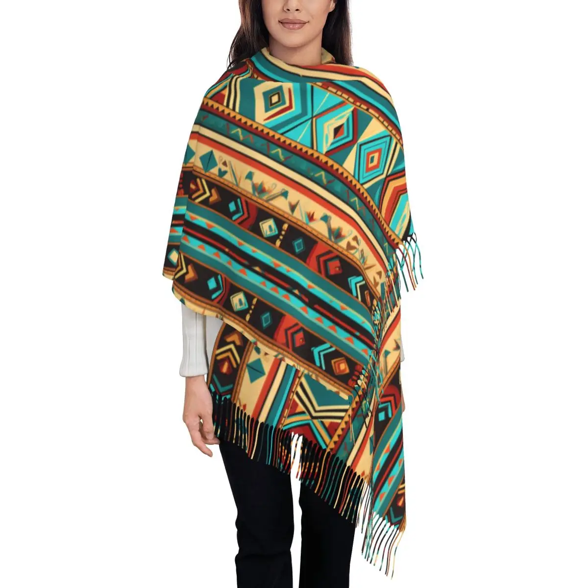 Native Southwest American Aztec Navajo 2 Scarf Wrap for Women Long Winter Warm Tassel Shawl Unisex Scarves