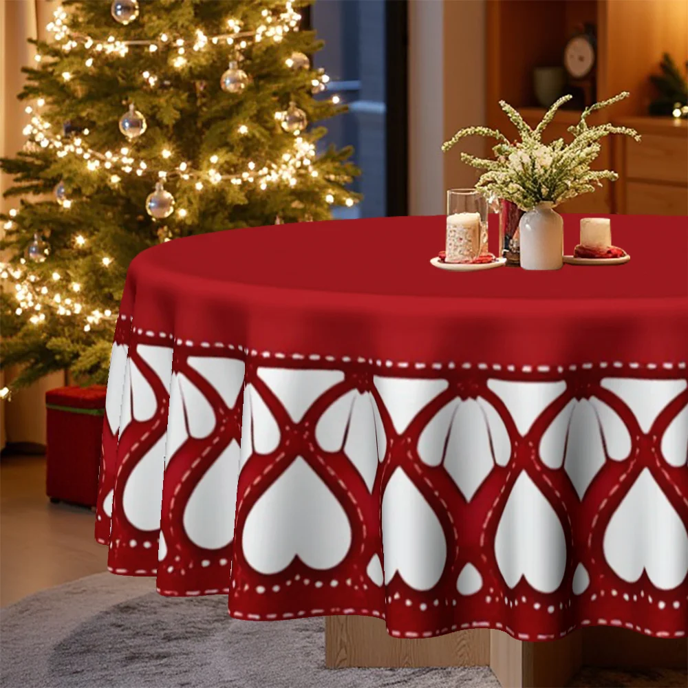 1 round tablecloth, red and white heart pattern with wavy edges - burgundy white lace style Christmas table cloth