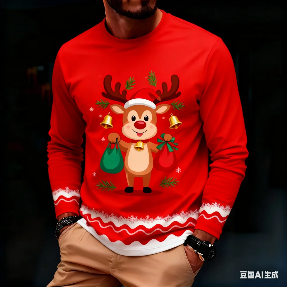 

Cartoon Elk Pattern Men's T-shirt Autumn Casual O-neck Long Sleeve Tops Funny Santa Claus 3D Print Tees X'mas New Year Clothing