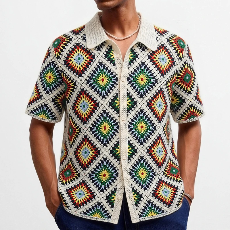 Retro Colorful Crochet Polo Shirts Summer Men's Hollow Out Short Sleeve Cardigan Ethnic Style Knitted Tops Man Streetwear SY0189