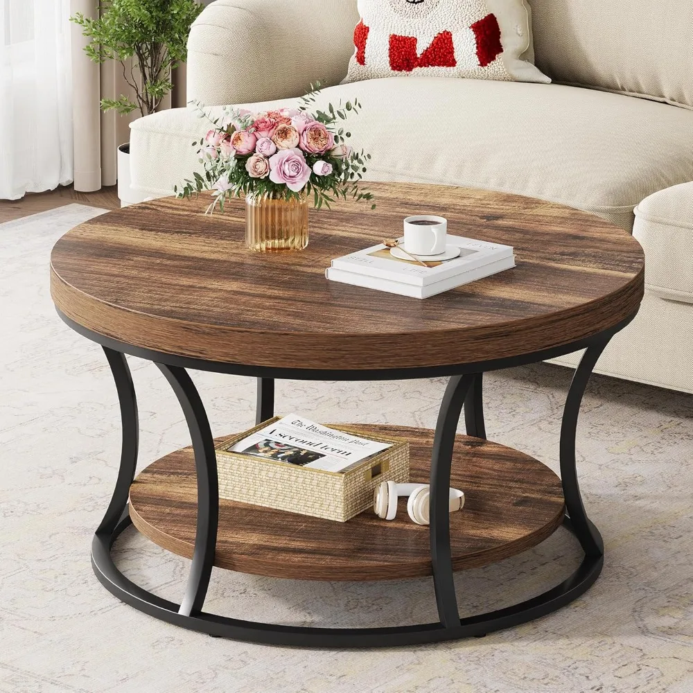 

Round Coffee Table for Living Room, 2-Tier Circle Coffee Table with Storage, Accent Center Table Modern Design, Rustic Brown