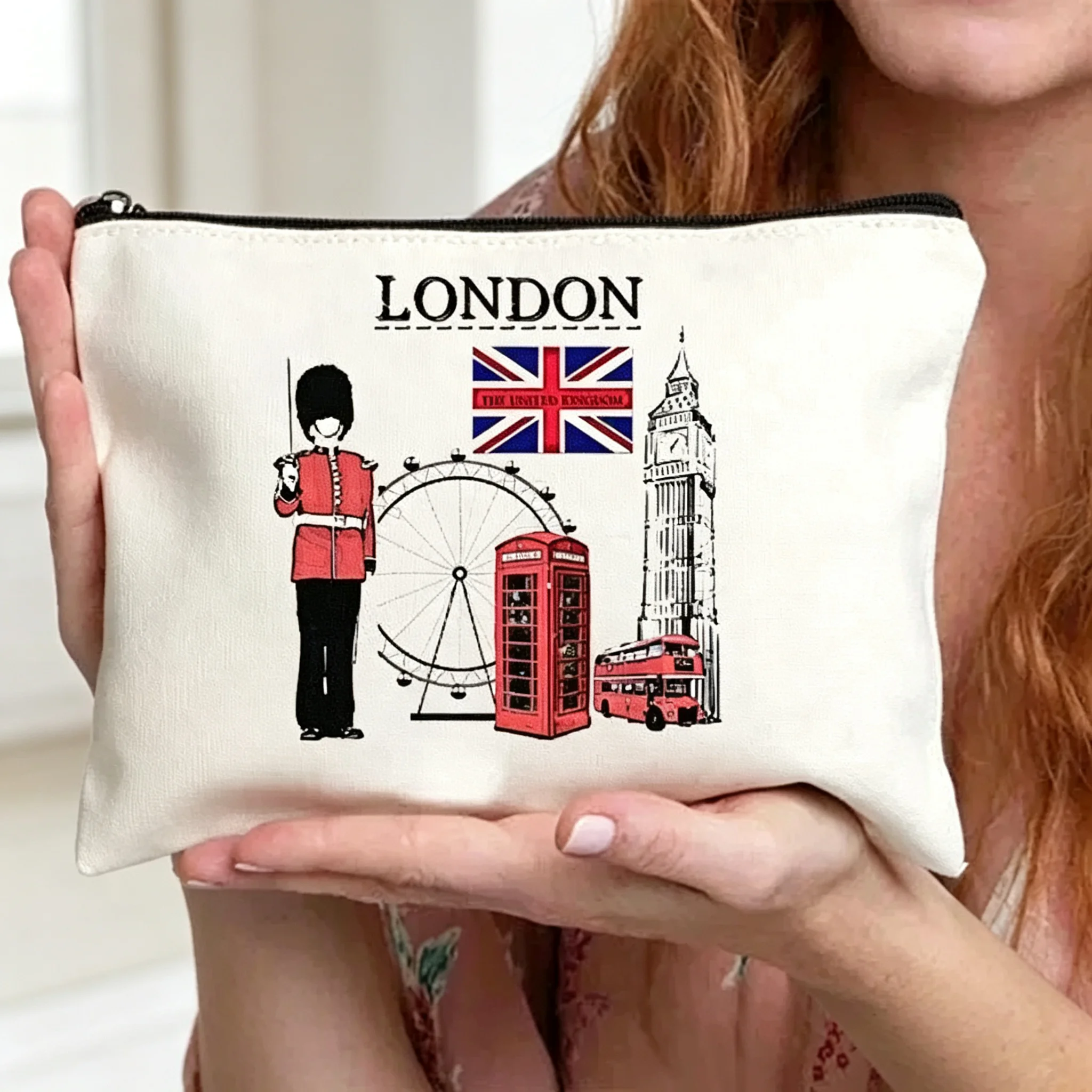 2D Printed London Landmarks Cosmetic Bag, Canvas Makeup Pouch, Portable Travel Toiletry Zipper Storage Bag for Women