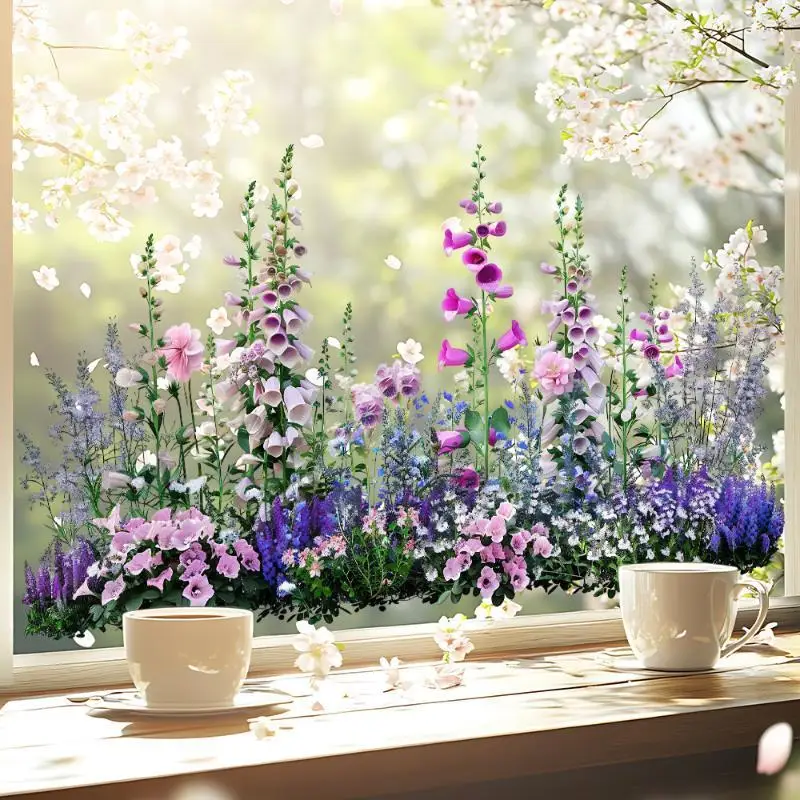 Garden Style Flower Pattern Window Sticker Removable Floral Double Sided Window Clings For Kitchen Bedroom Office School Decor