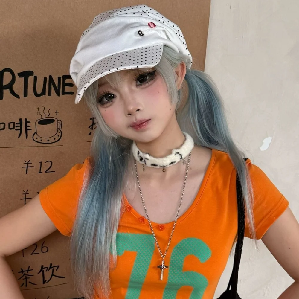 Subcultural Niche White Cute Polka Dot Pleated Hat Girlish Style Button Pile Hat Beret Harajuku Street Decoration Accessories