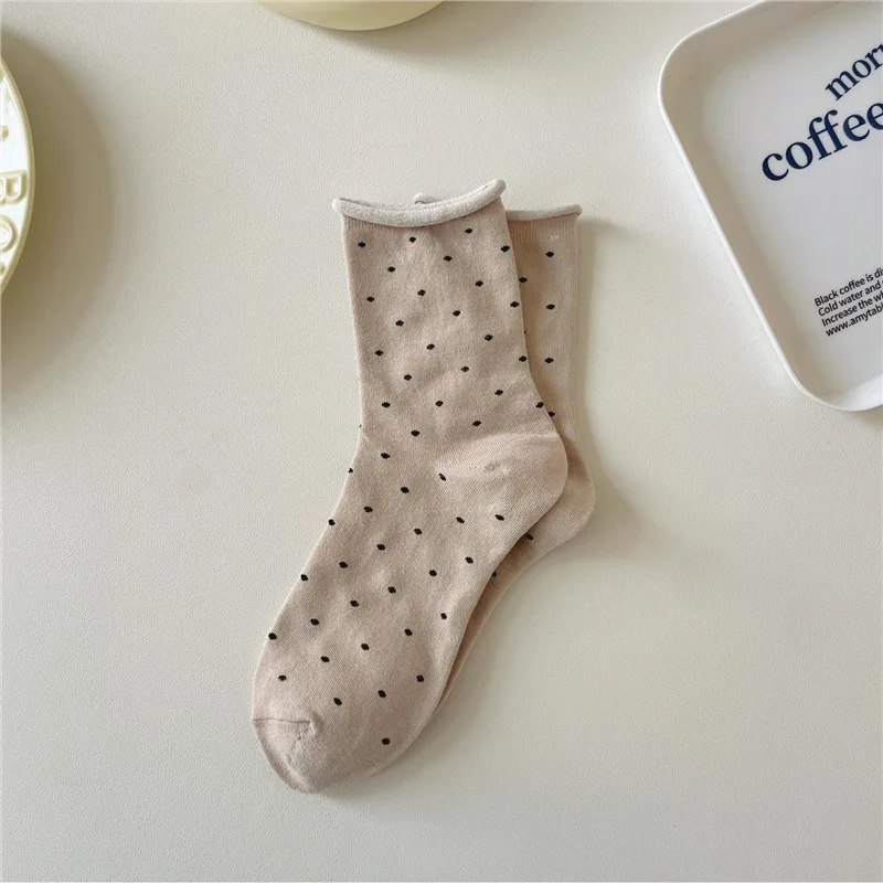 5/10 Paar Damen-Socken mit gerolltem Rand, gepunktet, mittlere Röhre, Frühling und Sommer, schweißabsorbierend, atmungsaktiv, süß, einfacher Stil, lässige Socken – Detail 18