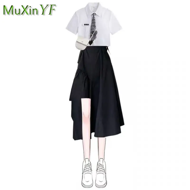 Women\'s Dress Suit 2023 Summer Fashion Cross Short Sleeve+Irregular Length Skirt Two Piece Korean Elegant New in Matching Set