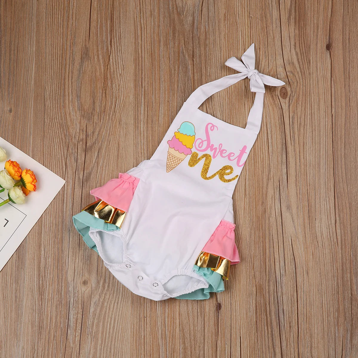 Sedceaty  Cute Baby Girl First Birthday Outfit Halter Romper Ice Cream Cake Smash Bodysuit Sunsuit