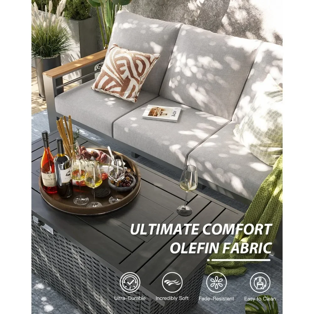 Juego de muebles de aluminio para patio al aire libre, sofá seccional para exteriores de 8 piezas con mesa para fogones de gas propano de 44 pulgadas con tapizado