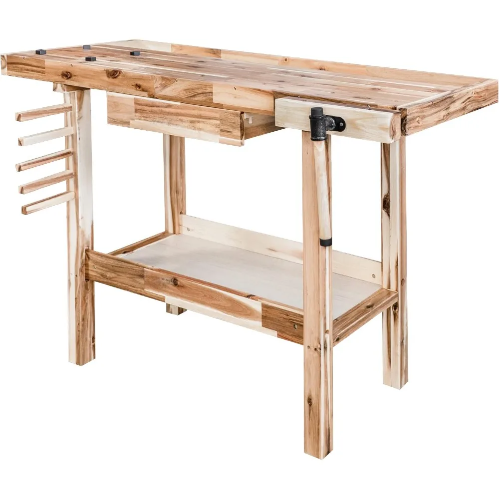 

48-Inch Acacia Hardwood Workbench with Drawer - 330lbs Weight Capacity Heavy Duty Portable Wood Work Bench Table