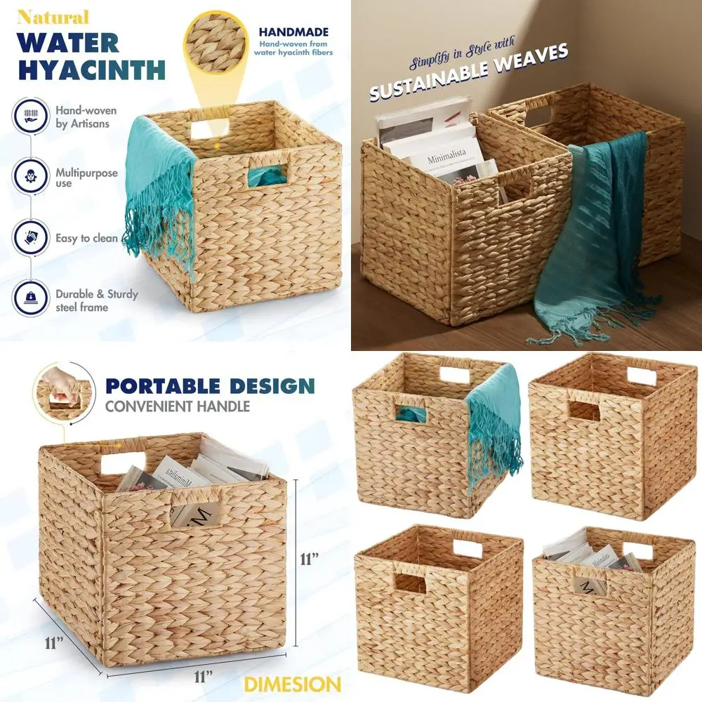 

Set of 4 Woven Hyacinth Baskets with Handles for Storage, Laundry, and Organizing on Shelves