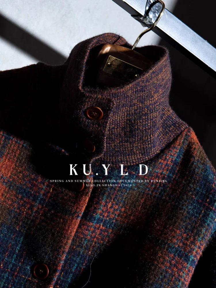 DFDG Cappotto scozzese in lana a blocchi di colore vintage elegante da donna 2025 Cappotto autunnale con colletto alla coreana monopetto invernale con cintura oversize