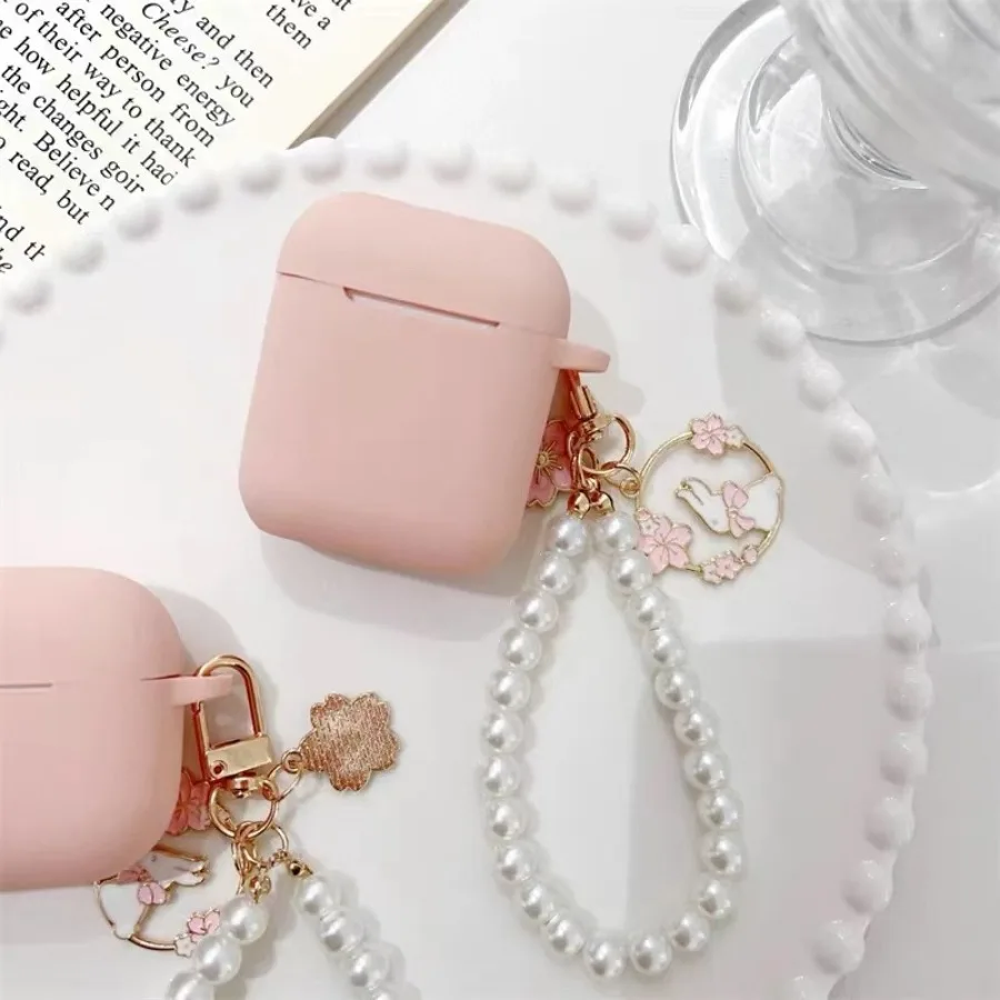 غطاء سماعة أذن سيليكون فاخر مع سلسلة مفاتيح ولؤلؤ وزهور ، حافظة لسماعات الأذن Pro 2 و 4 و 3