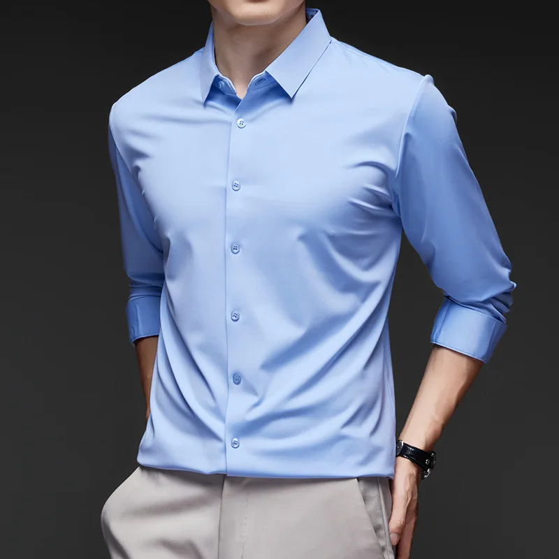 포멀 남성용 긴팔 셔츠, 주름 방지, 비 아이언 단색, 비즈니스 캐주얼 아이스 실크, 럭셔리 하이 퀄리티 패션, 6XL