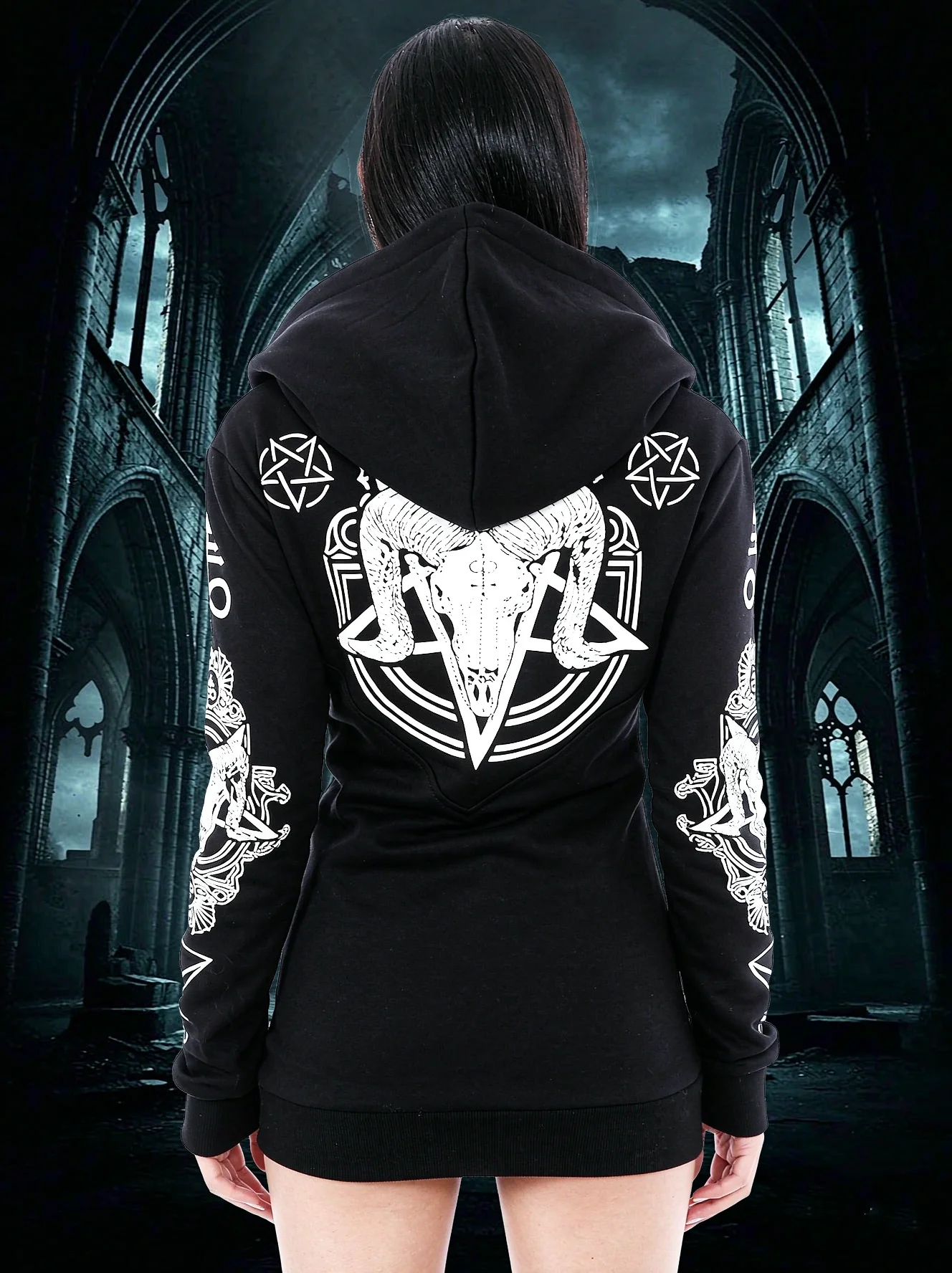 Gothic Punk Hoodie Sheep Head Stars Printed Zipper Pocket Long Sleeves Hoodi Women Autumn Dark Occult Skull Graphic Sweatshirt