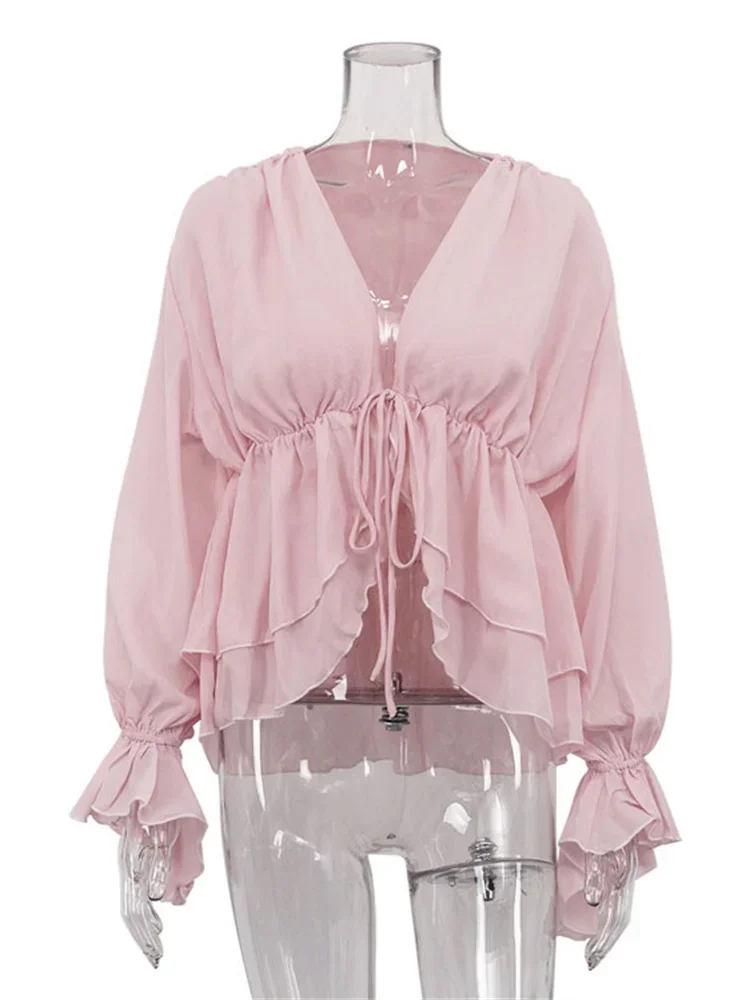 BluWin Female Sexy Lace-Up Shirts Top For Women Ruffled V-Neck Loose Patchwork Cardigan Commute Blouse Casual Summer Shirts 2025