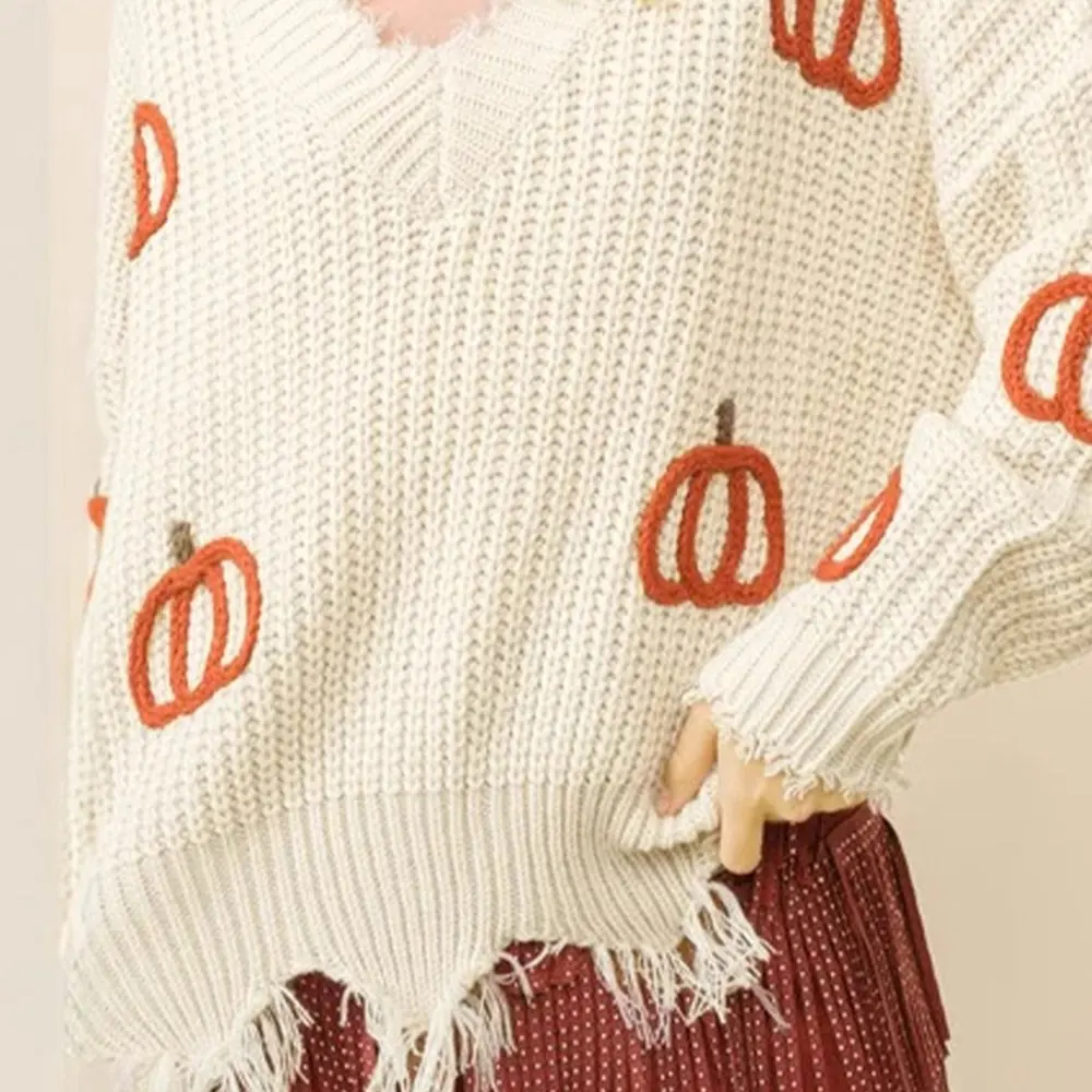 

Women's V-neck Knitted Pullover Pumpkin Pattern Sweater Fashion Design Rave Shoulder Winter Style European And AmericanInspired
