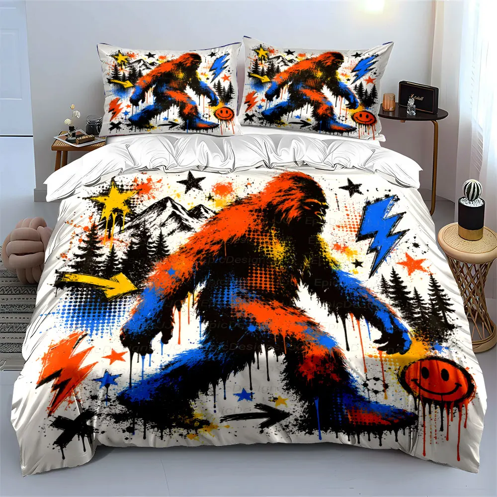 Colorful Bigfoot Graffiti Art Background Print Bedding Set 1 Duvet Cover 2 Pillowcases for Adult and Children Luxury Gift