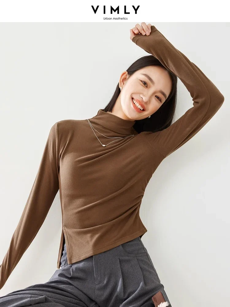 Vimly 2023 Winter Turtleneck Warm T-shirt Women's Long Sleeve Top High Strecth Slim Split Pullovers Casaul Basic Tshirt M5292