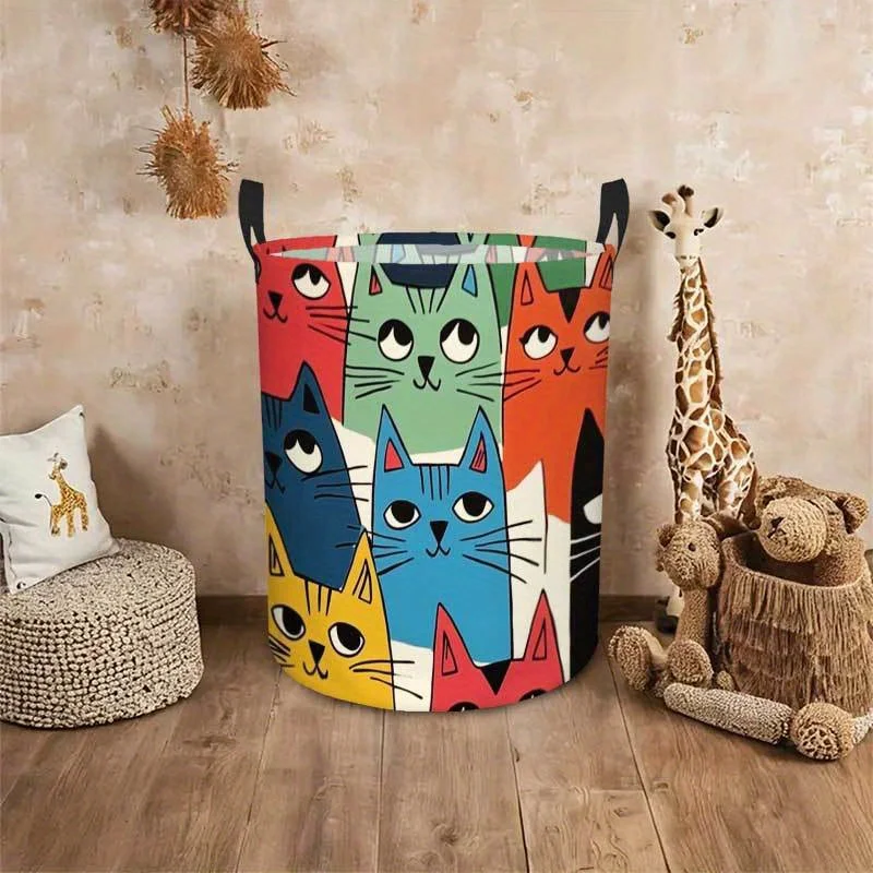 Cartoon Style Multicolor Cat Pattern Cute Animal Design Spacious Laundry Basket and Adults Daily Home Use Storage Laundry Hamper