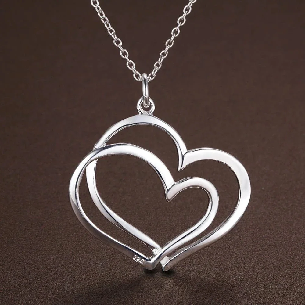 Classic 925 Sterling Silver romantic Double Heart Pendant necklace for women Fashion brands Jewelry Wedding party Holiday gifts