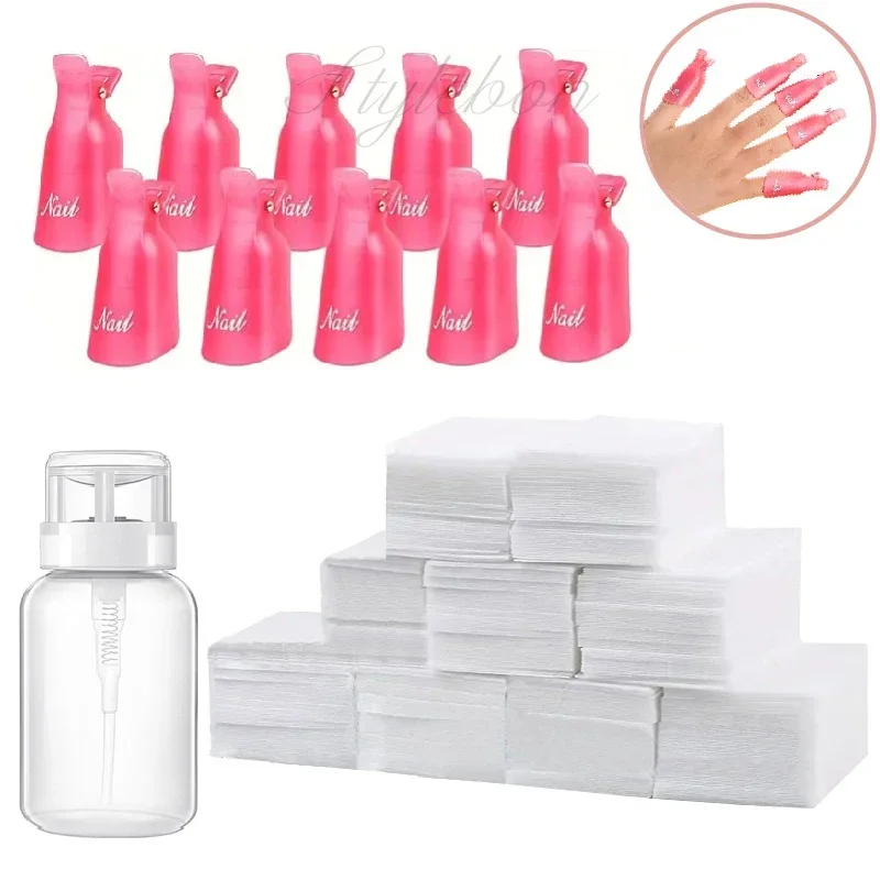 1Set Nail UV Gel Polish Remover Tools Set Soak Off UV Gel 10pcs Cap Clip 600pcs Nail Wraps Fingers Cotton Nail Art Clean Kits