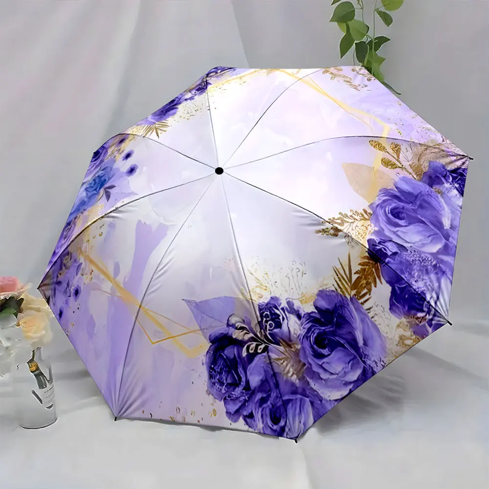 1PC Elegant Purple Rose Umbrella with Golden Accents Print 8 Iron Ribs Folding Umbrella Auto-Open Fashion Sunshade