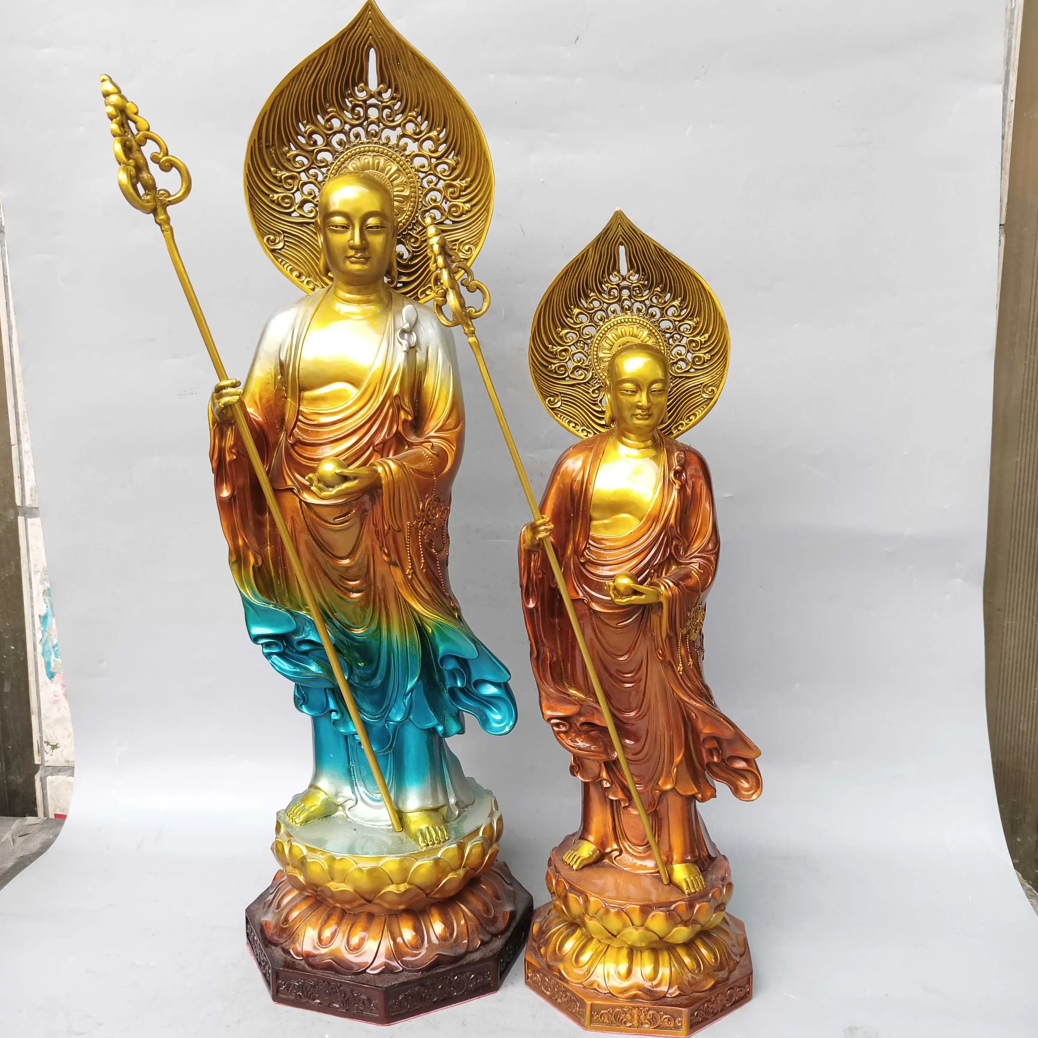 

22"Tibetan Temple Collection Old Brass Painted Ksitigarbha Bodhisattva Head Backlight Standing Buddha Worship Hall Town house