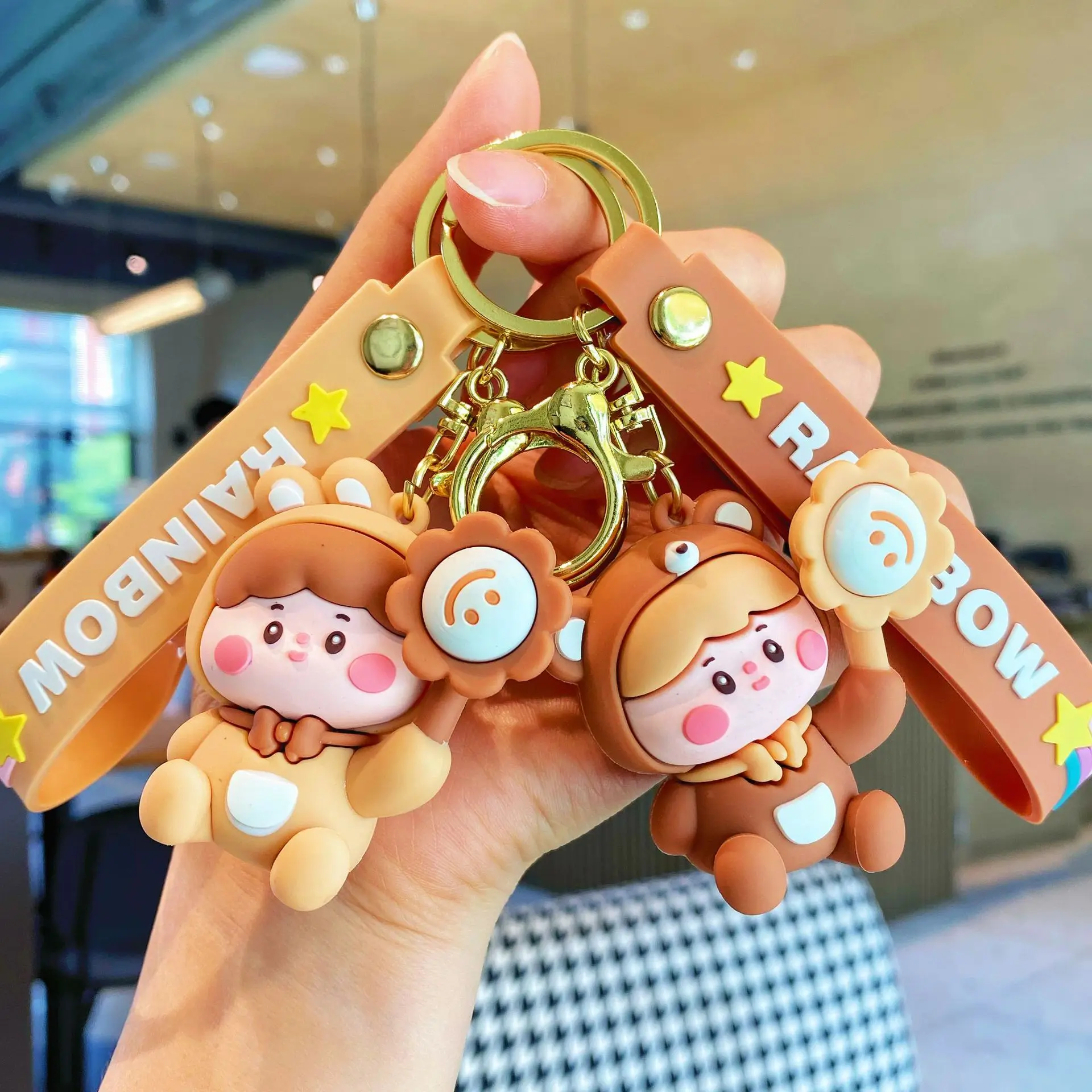 Cartoon Caramel Milk Tea Doll Keychain Kawaii Rabbit Cat Animal Gyratory Sunflower Accessory Keyring for Couple Bag Car Pendant