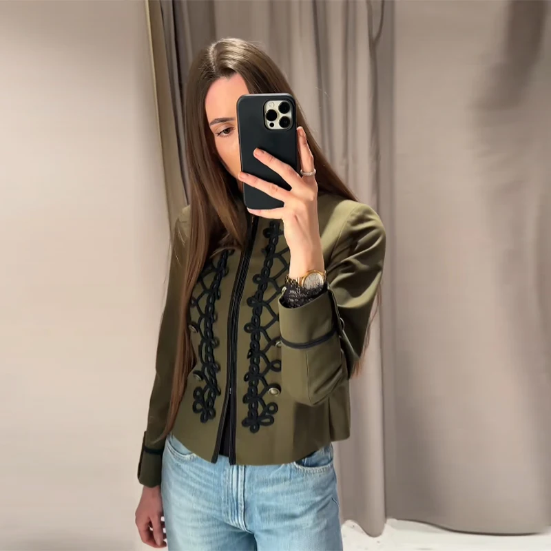 Vintage Green Stand Collar Short Jacket Women Zip Up Black Cord Embellished Long Sleeve Coat 2026 Spring Lady Daily Streetwear
