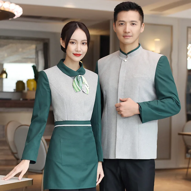 Style Waiter Long Sleeve Chinese Hot Pot Restaurant Work Clothes Autumn and Winter Milk Tea Barbecue Pastry Catering Wor