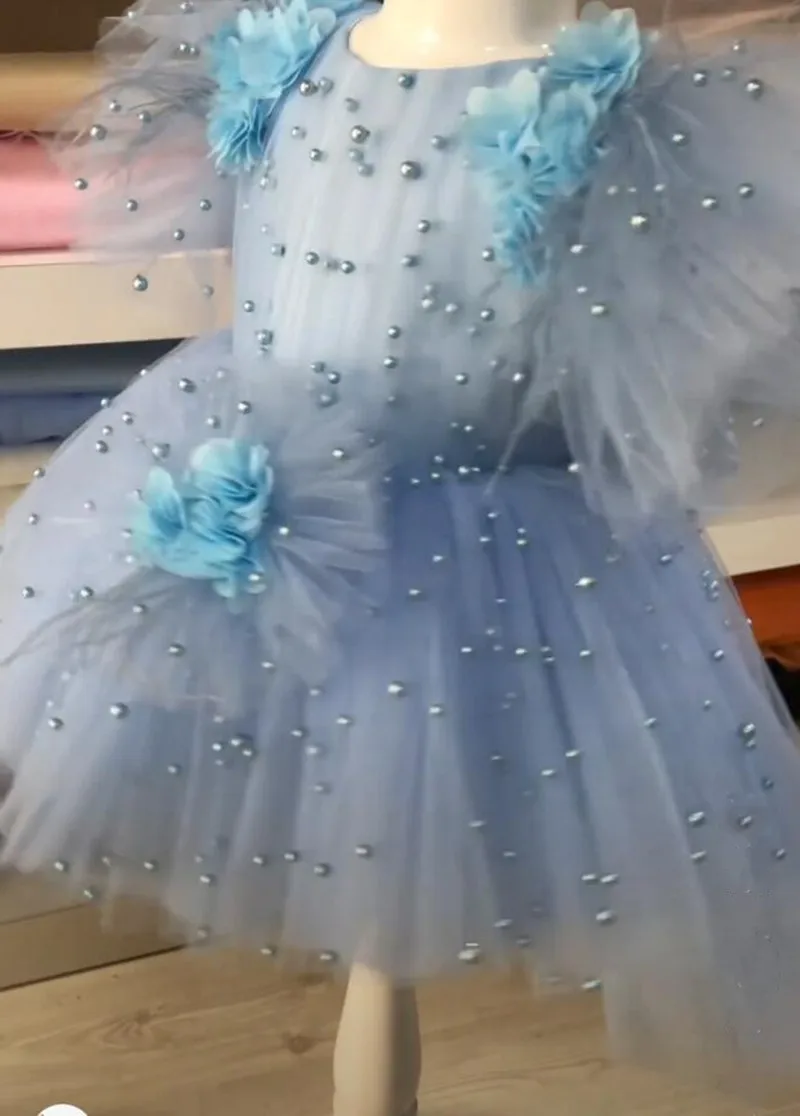 

Cute Blue Baby Girls Dress for Birthday Party with Bow Infant Tutu Pearls Princess Birthday Party Gown Girls Christmas Dress