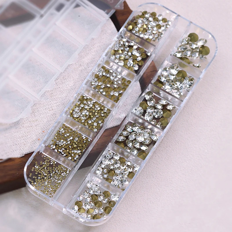 12 Grids Mixed Mini Nail Rhinestones Sharp Bottom Super Flash Nail Art Crystal Decoration Gems Manicure Tip 3D