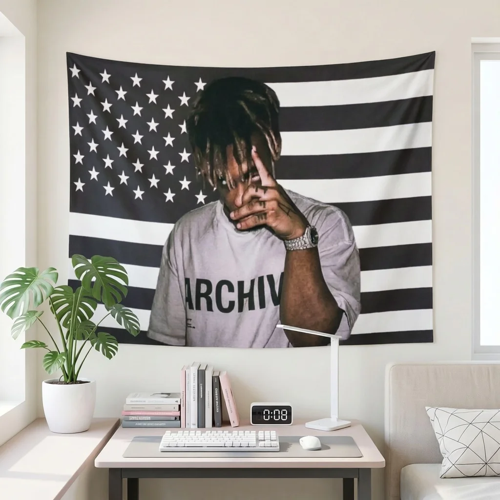 Juice WRLD Archiv-Fotodruck-Wandteppich, schwarzer Wandbehang mit US-Flaggen-Hintergrund für College-Wohnheim, Teenagerzimmer, Heimdekoration