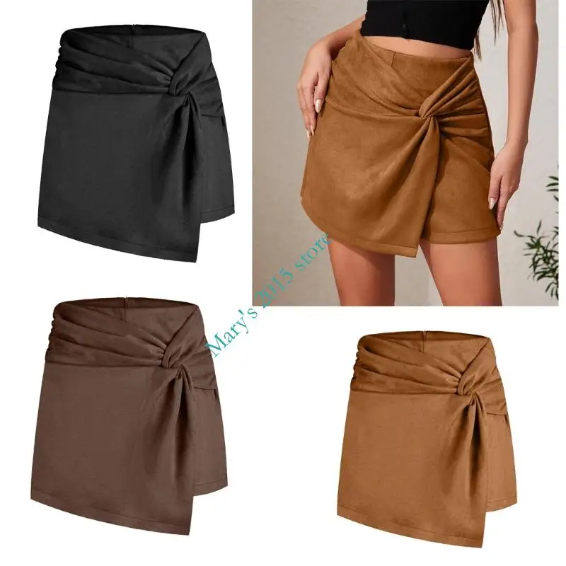 

E15F Retro Faux Suedes Skort With Front Twist Knot Design Polyester Fabric Women's Stretchy High Waist A Line Mini Skirt