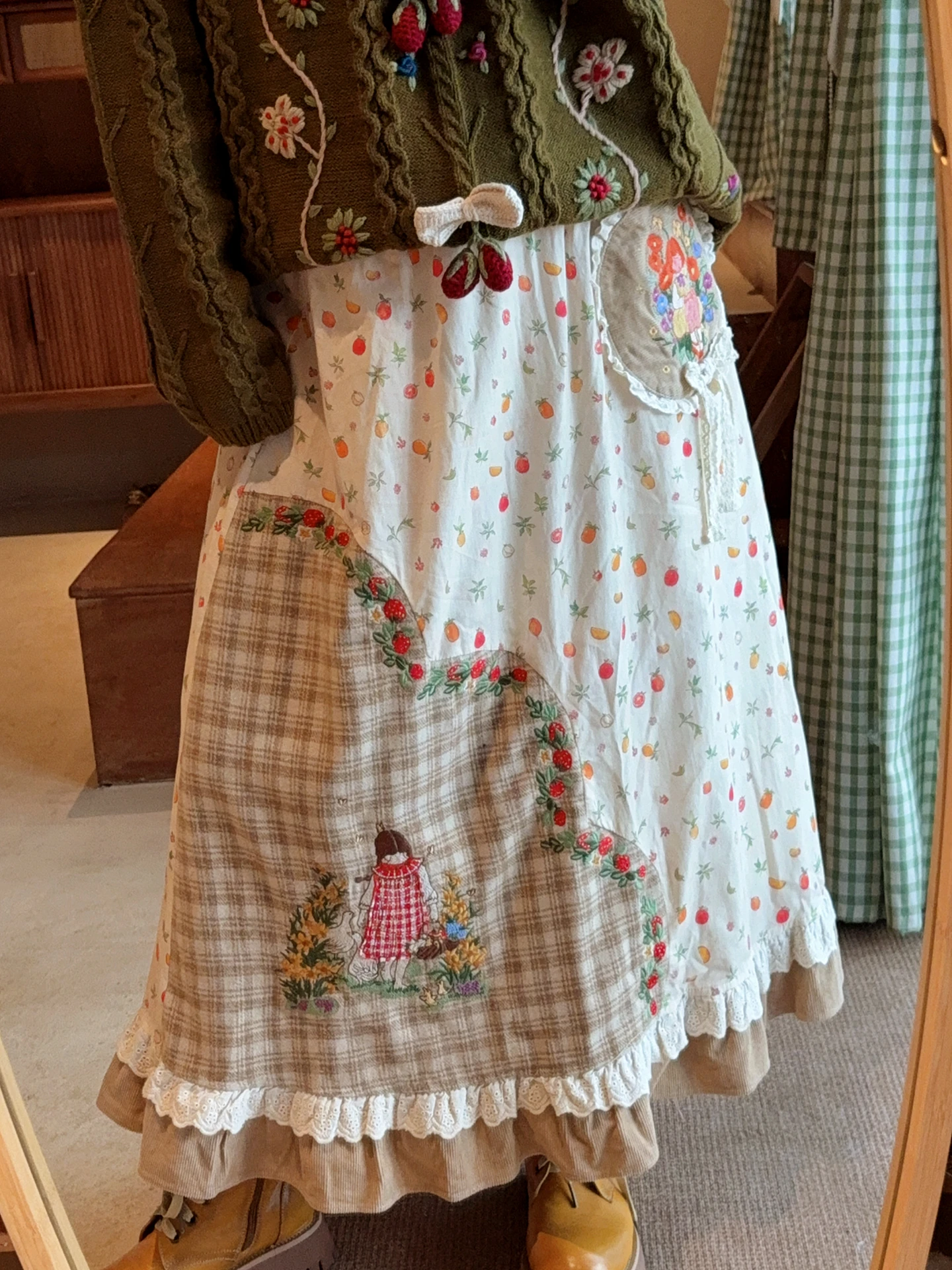 

TIYIHAILEY Long Mid-Calf Cotton Linen Lace Patchwork Women Skirts Embroidery A-line Elastic Waist Layers Ladies Printed Autumn