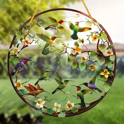 Hummingbird Sun Catcher-Round Acrylic Window Hanging With Garland Accents,Colorful Wall Art For Home&Room,Perfect Gift Idea