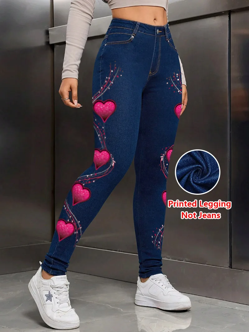 1288  Ladies' Non- Denim Fabric Printed Tight Pants Texture-Free Faux Denim Heart Print Base Layer Pants Wearable All Seasons