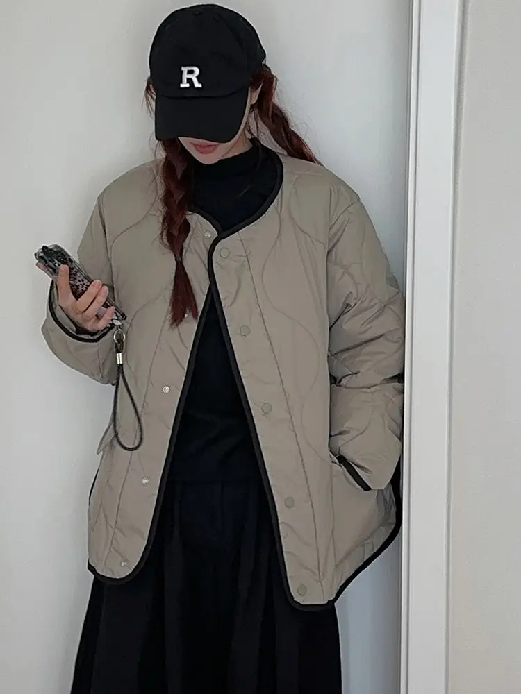 Atasan parka Wanita Korea leher O, mantel parka longgar berlapis, lengan panjang Single Breasted kasual sederhana parka 2024
