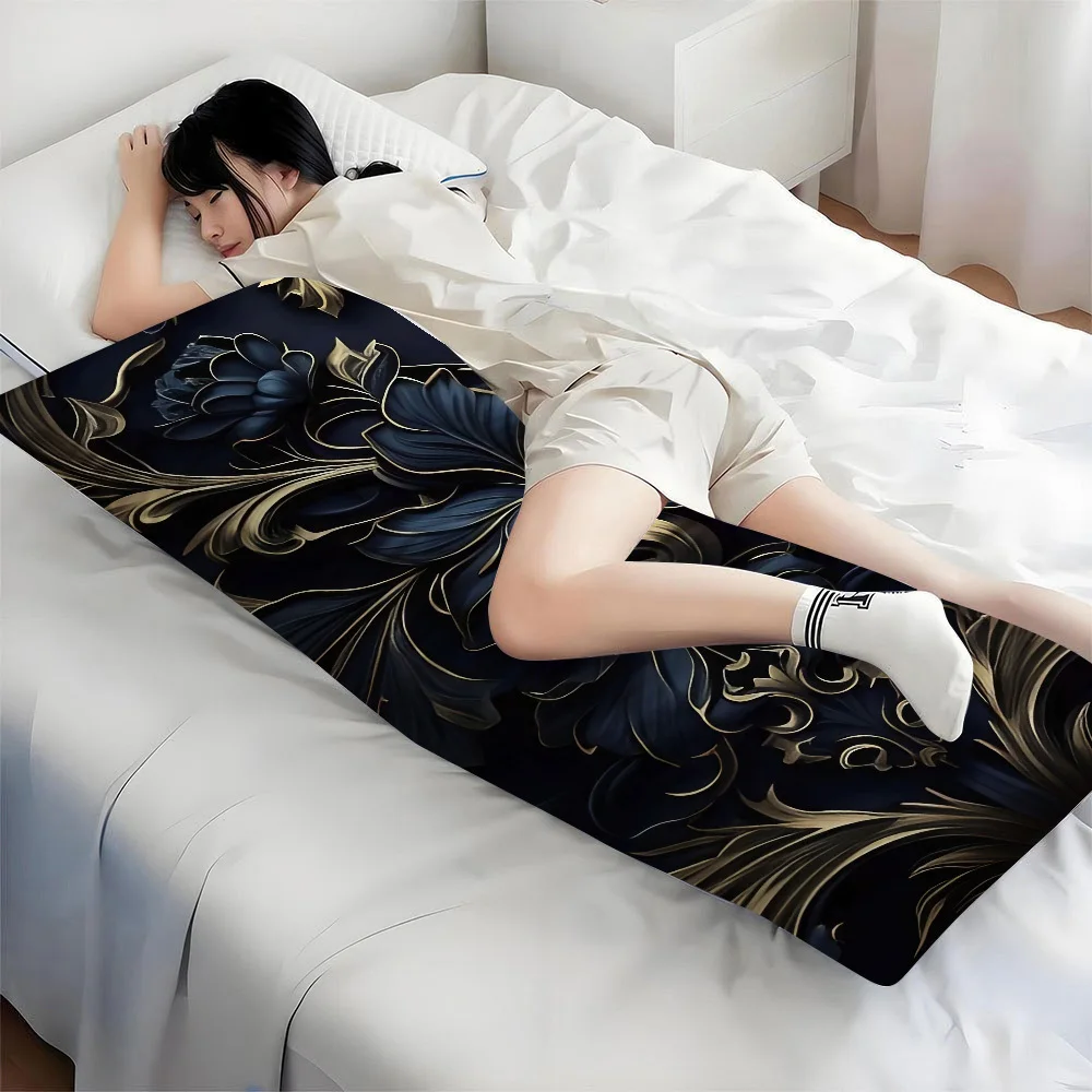 1pc Elegant Pillowcase (Insert Not Included) - 50.8 X 137.16 cm, Double-Sided, Modern Floral Print, Navy Blue And Golden, 100% P