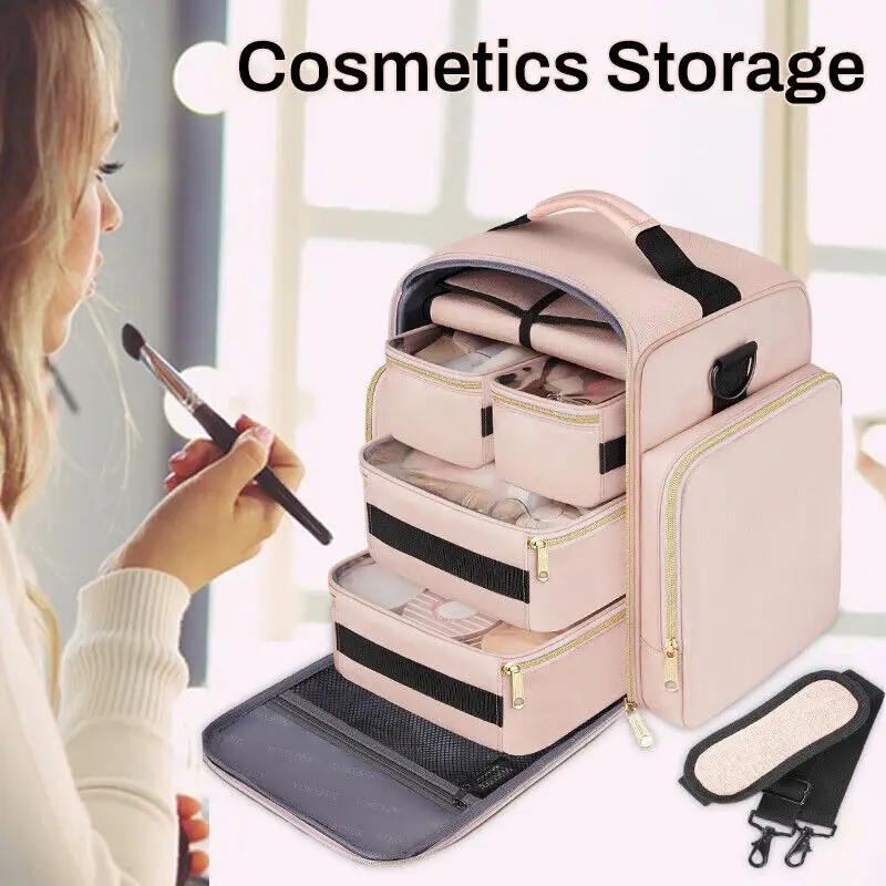 Multi-layer Detachable Cosmetics Storage Pink Bag W/straps Portable Outdoor Jewelry Accessories Storage Case Home Storage