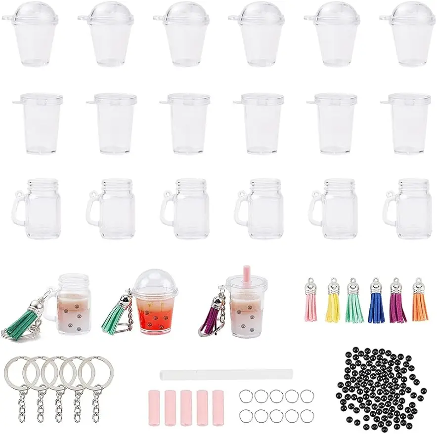 

16pcs Mini Milky Tea Keychain Accessories Bubble Tea Cream Glue Casting Kit Mini Cup Pendant Charms with Keychain Rings Tassels