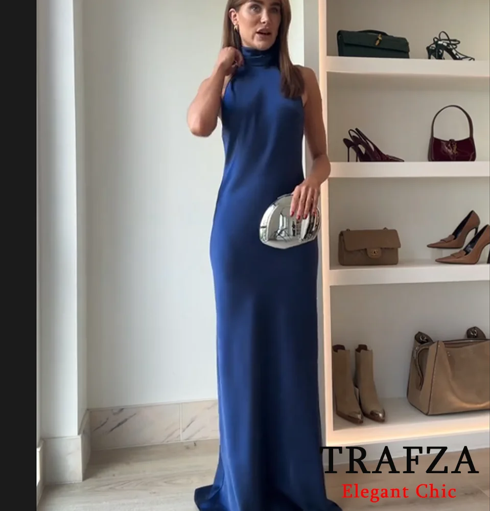 TRAFZA-Women Elegant Backless Dress Satin Halterneck Sexy Dinner Dress New 2024 Summer Fashion Date Party Slim Dress