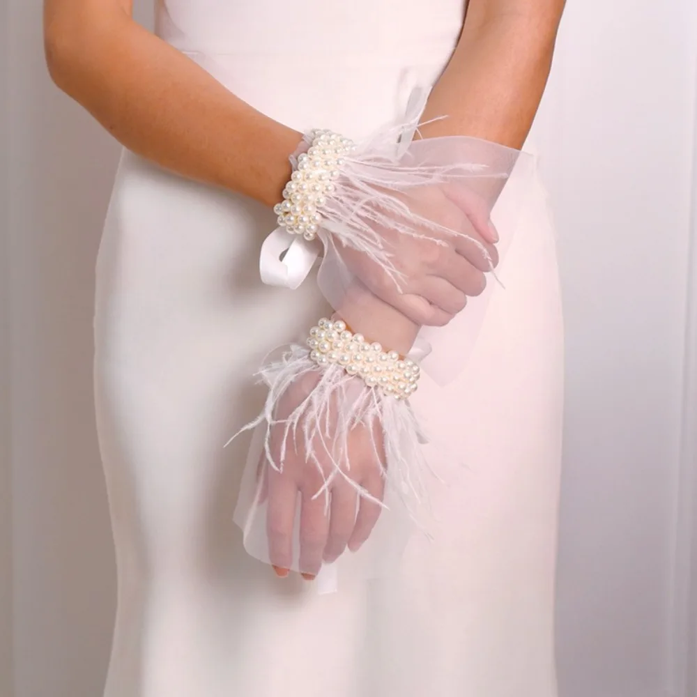 Vintage Elegant Ivory Tulle & Feather Gloves with Pearls Exclusive Women's Gloves for Bride Fingerless Glove Wedding Accessory