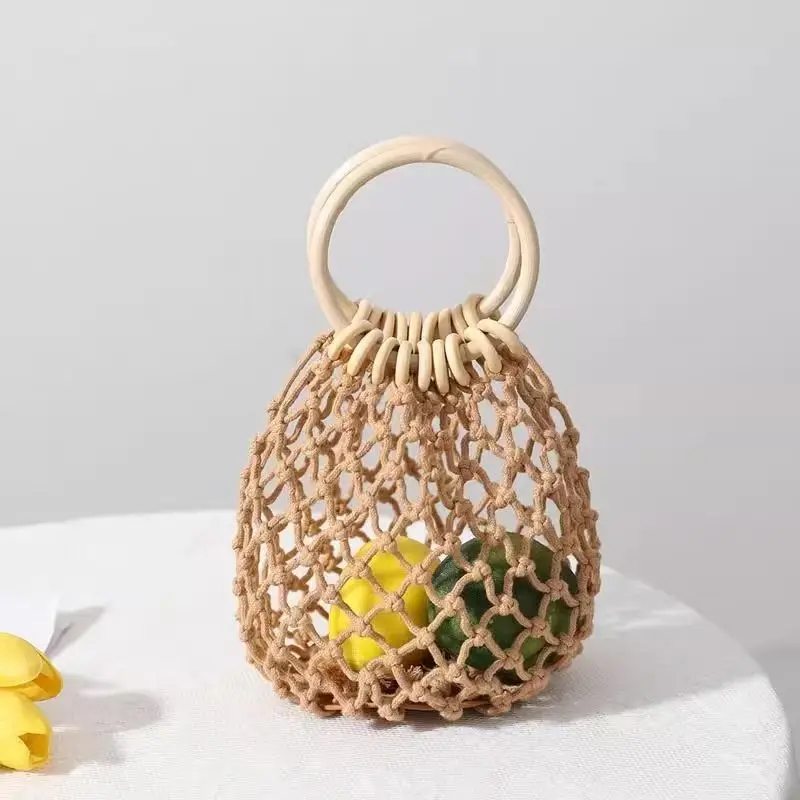 Hot Artistic Hand Woven Tote Bag for Women Hollow Out Summer Vacation Beach Straw Bag Stylish Cotton Thread Woven Handbag