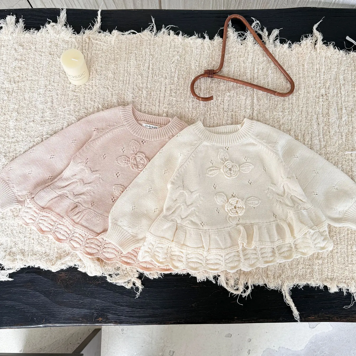2026 New Autumn Toddlers Girls Knitted Pullovers Sweaters Crochet Flowers Ruffles Korean Style Baby Kids Sweater