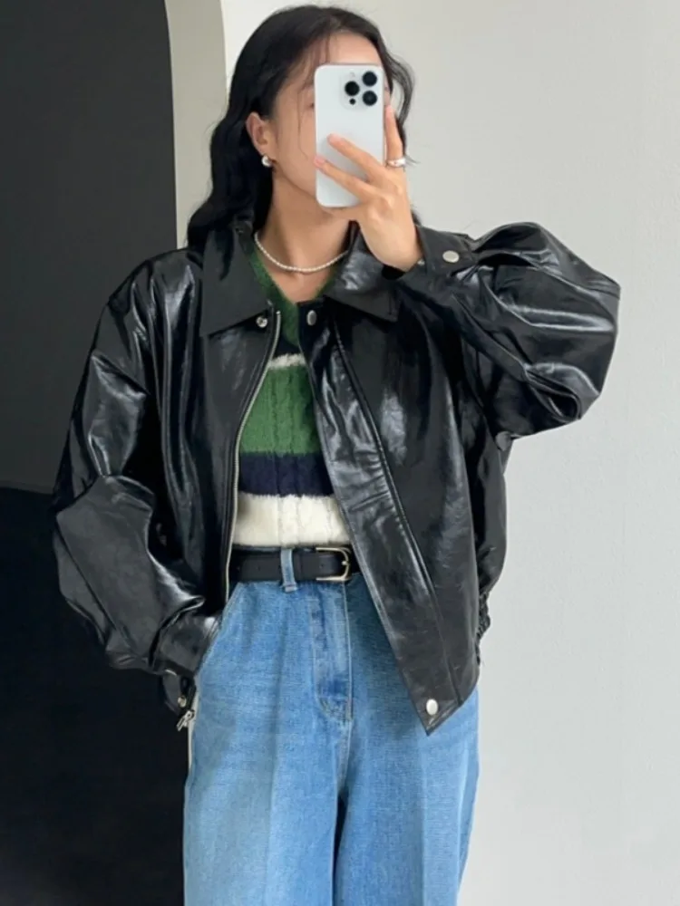 

Retro Chic Women's PU Leather Jaet Zipper Loose Casual Waed Sle Spring Autumn Winter Faion Outerwear Coat