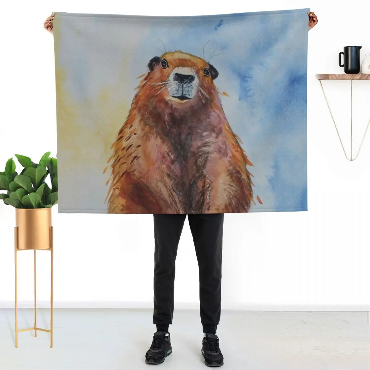 Standing Groundhog Day, Marmot Gofer realistic Watercolour Throw Blanket Quilt Hairy Cute Personalized Gift Baby Blankets