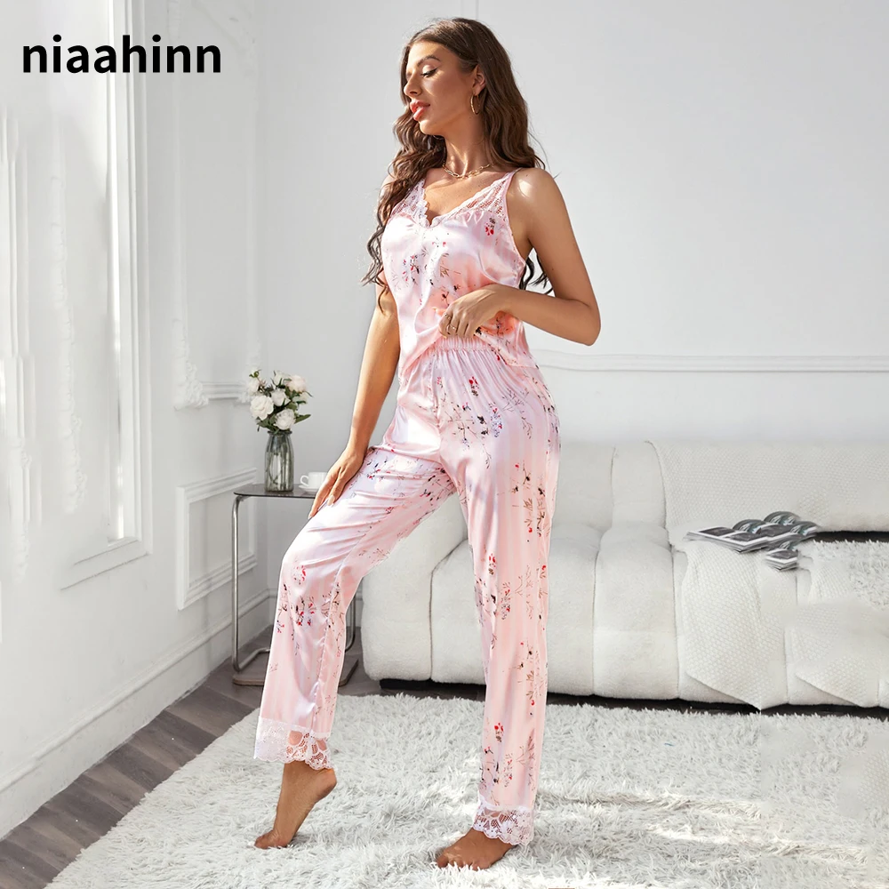 Pijama Sexy de satén con estampado Floral para mujer, conjunto de ropa de dormir de encaje con pantalones sueltos con tirantes finos, lencería íntima