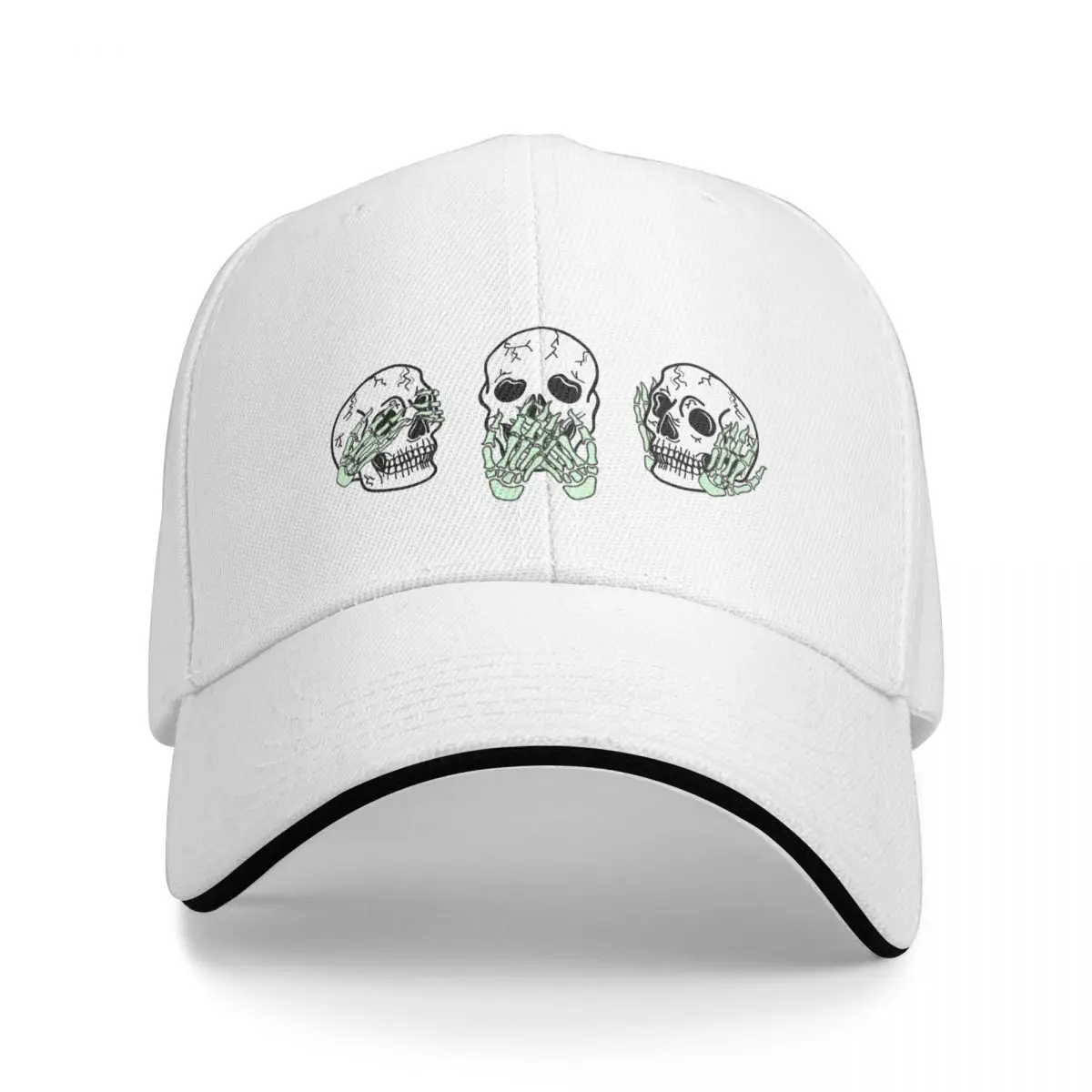 Three Skull Faces with Green Skeleton Hands Covering Eyes, Mouth, and Ears, made by EndlessEmporium Baseball Cap